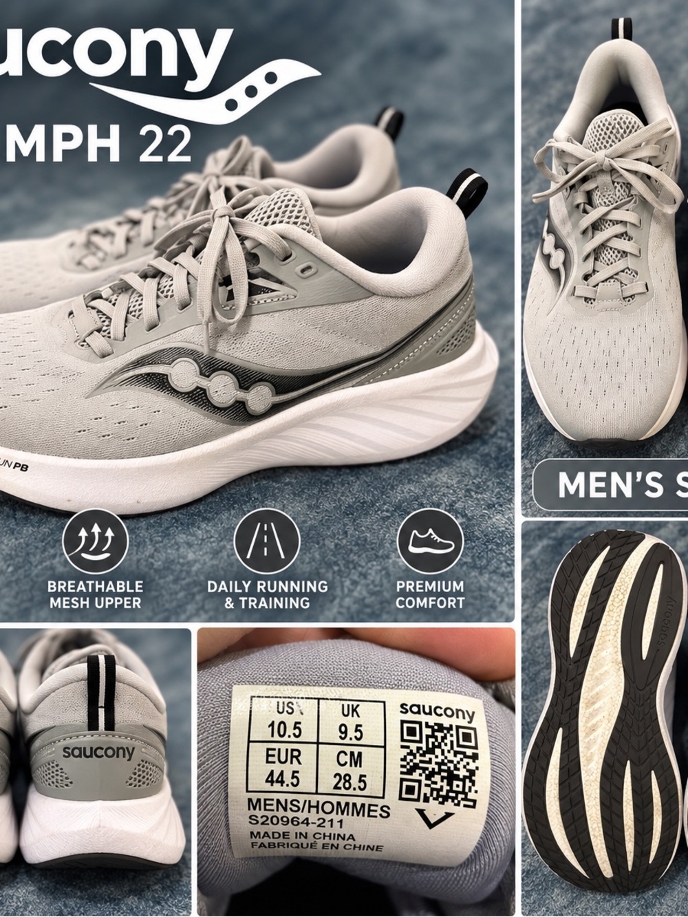Saucony Triumph 22 Men’s 10.5 Gray White PWRRUN PB Cushioned Running Shoes
